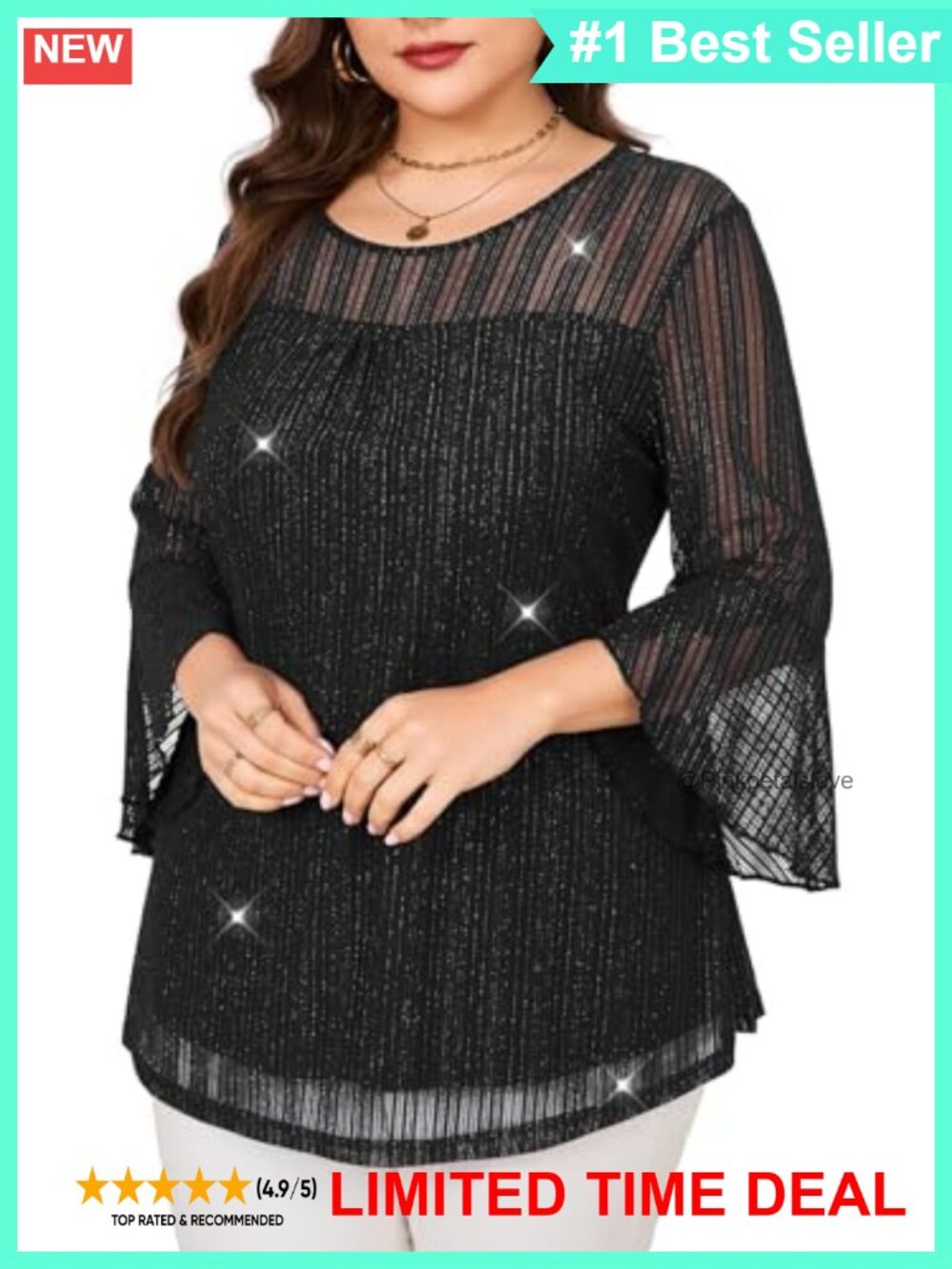 Women's Plus Size Ruffle 3/4 Sleeve Sparkly Mesh Tunic Blouse